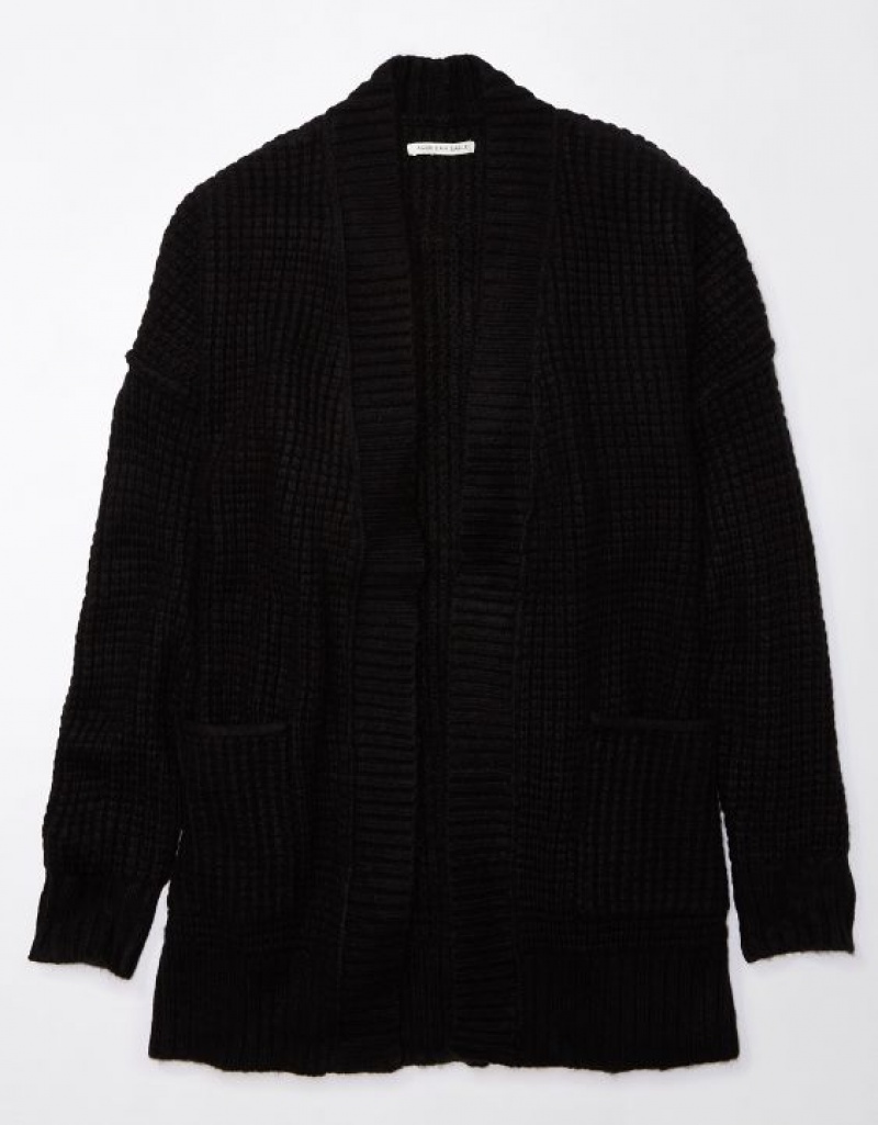 Aerie Whoa So Cozy Waffle Cardigan Black | 9172BRJPD