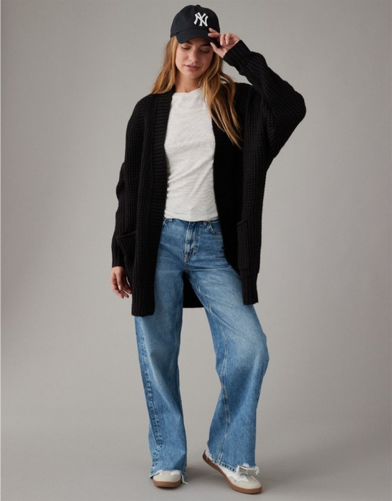 Aerie Whoa So Cozy Waffle Cardigan Black | 9172BRJPD