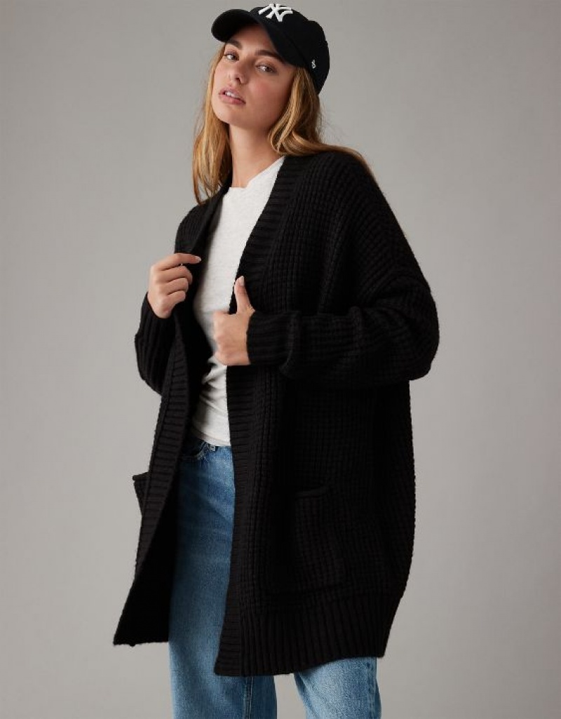 Aerie Whoa So Cozy Waffle Cardigan Black | 9172BRJPD