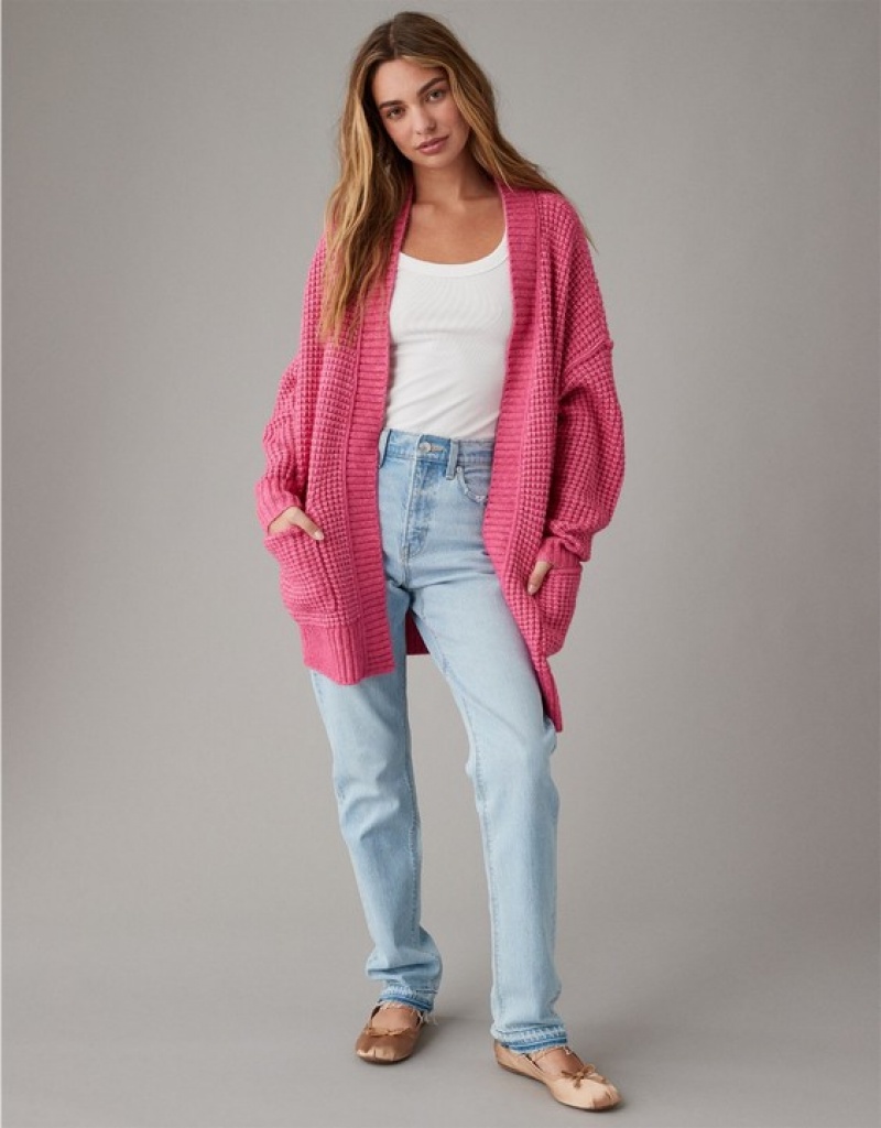 Aerie Whoa So Cozy Waffle Cardigan Pink | 4051VJBCG