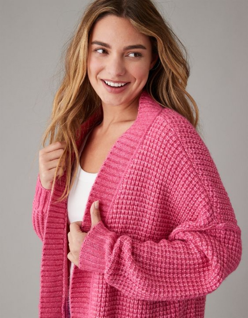 Aerie Whoa So Cozy Waffle Cardigan Pink | 4051VJBCG