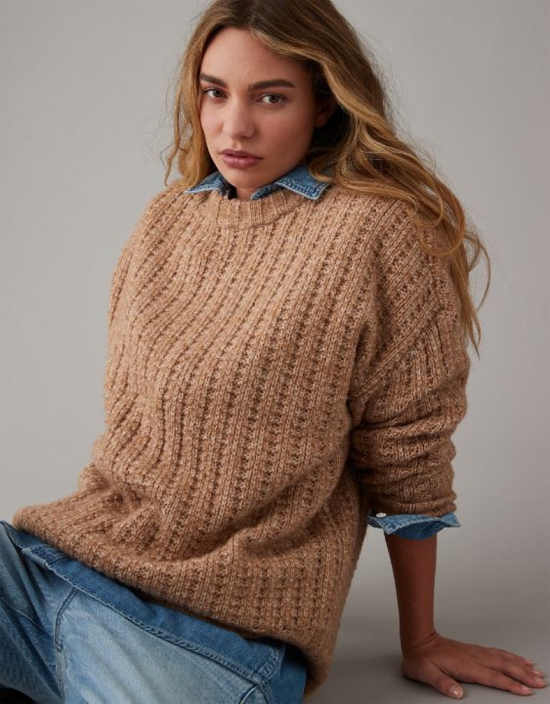 Aerie Whoa So Cozy Waffle Sweater Brown | 6258LUJNR