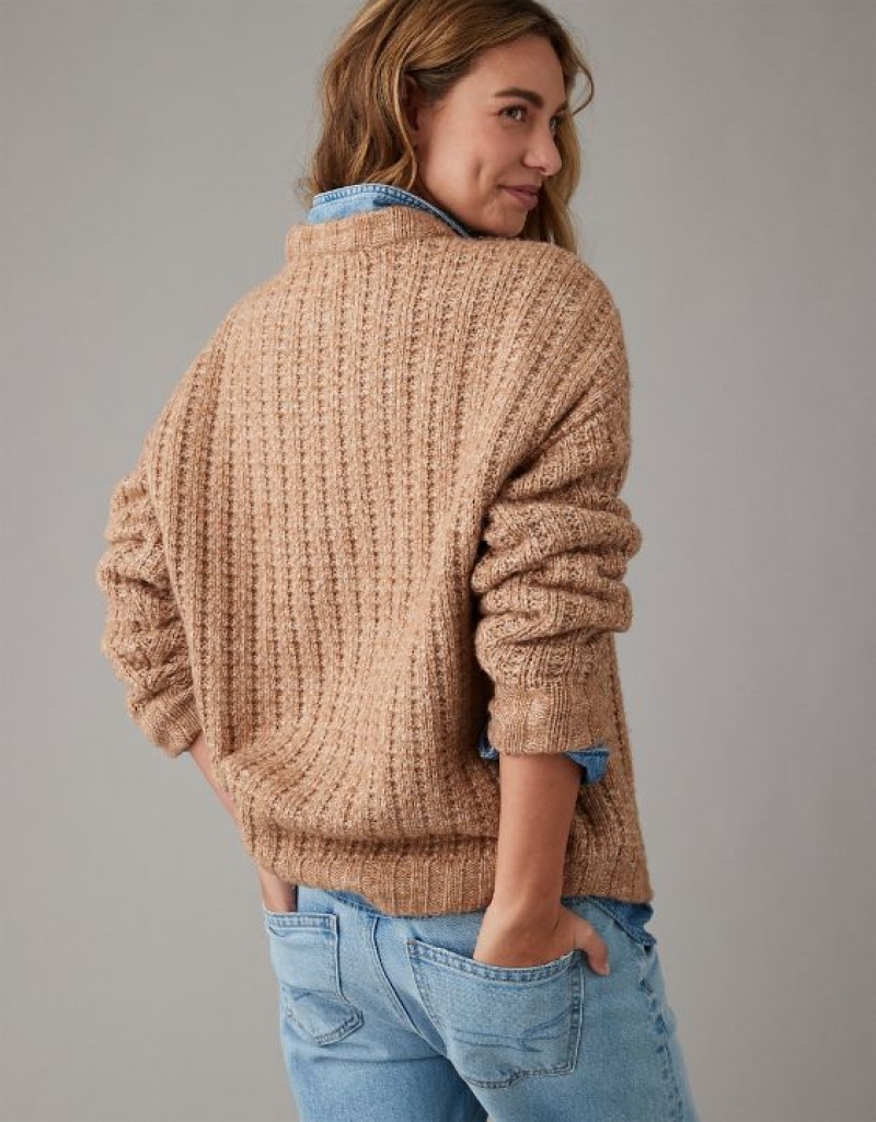 Aerie Whoa So Cozy Waffle Sweater Brown | 6258LUJNR