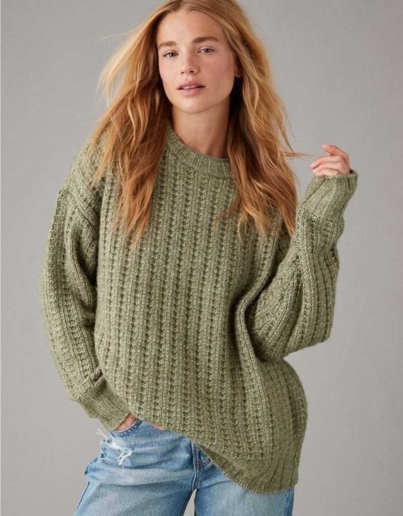 Aerie Whoa So Cozy Waffle Sweater Olive | 8714LTKDA