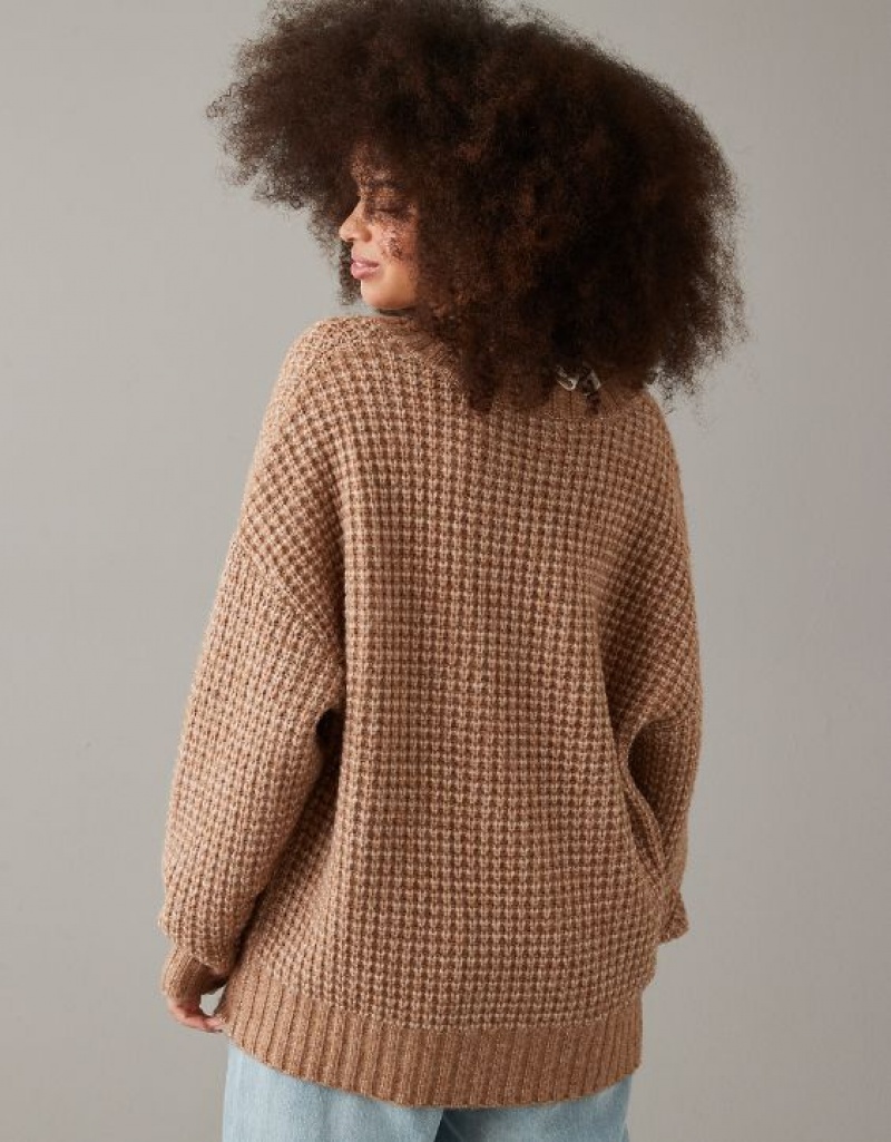 Aerie Whoa So Cozy Waffle V-Neck Sweater Brown | 5384NLZVB