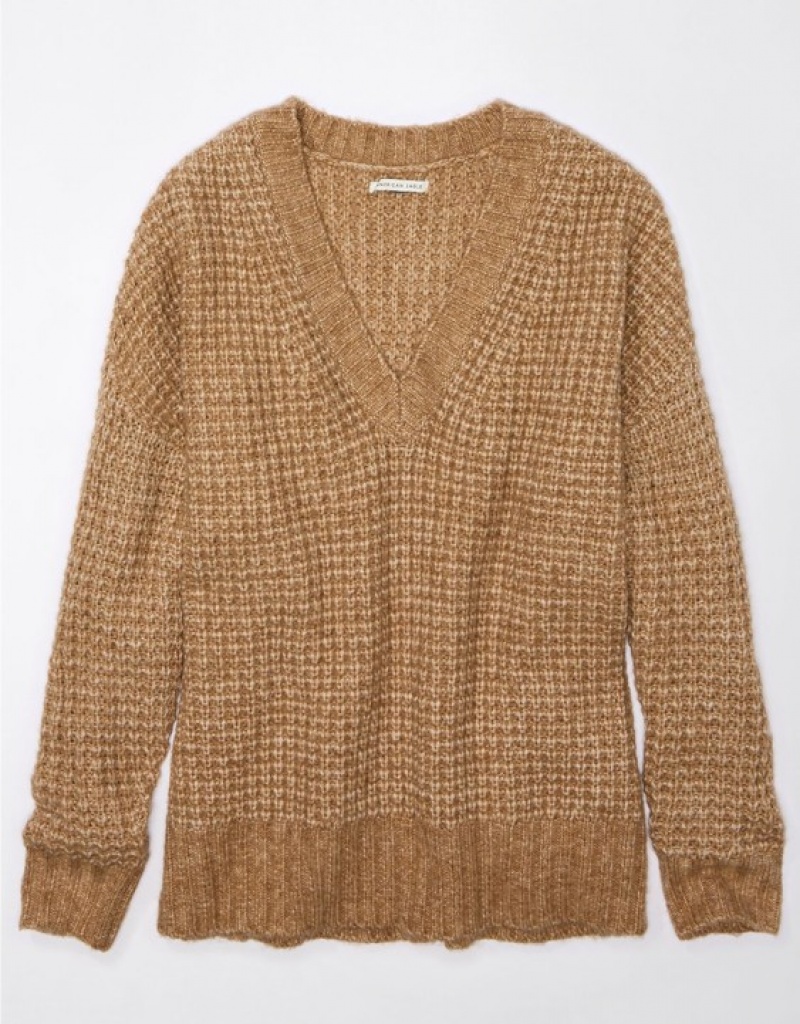 Aerie Whoa So Cozy Waffle V-Neck Sweater Brown | 5384NLZVB