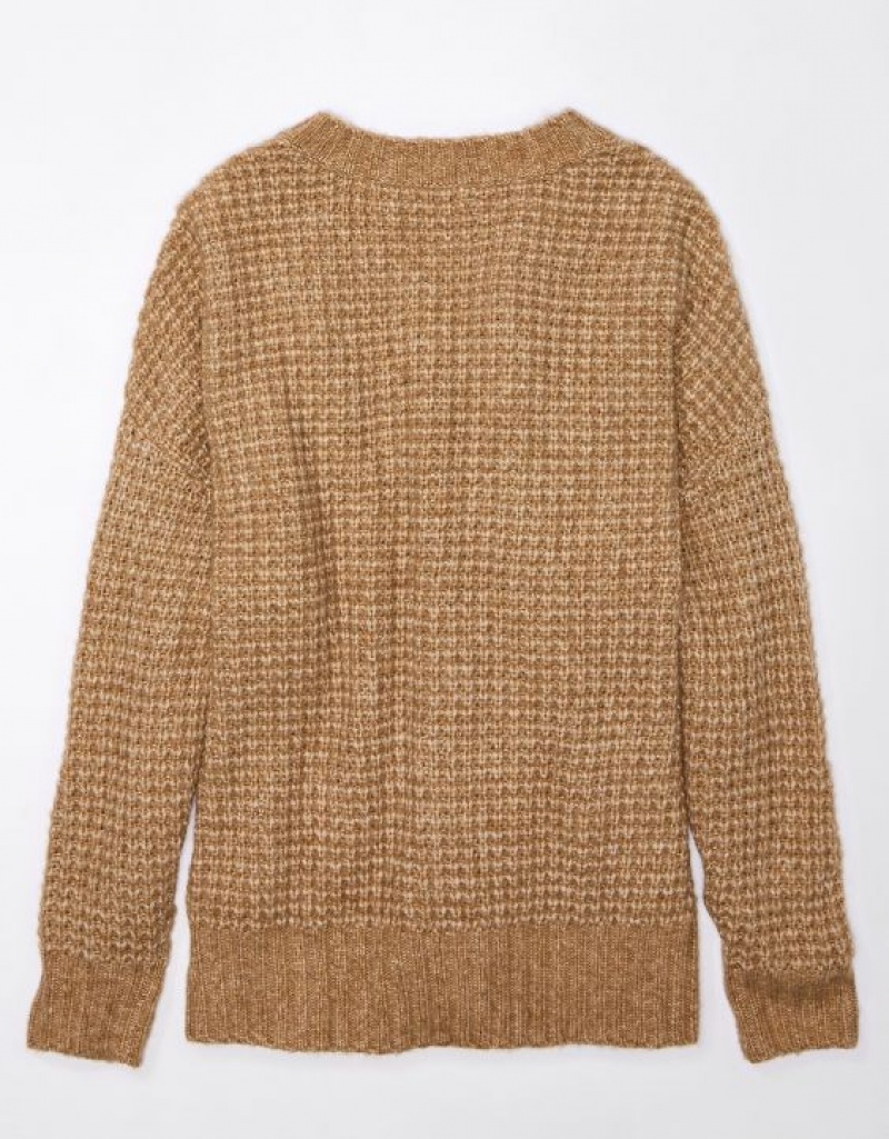 Aerie Whoa So Cozy Waffle V-Neck Sweater Brown | 5384NLZVB