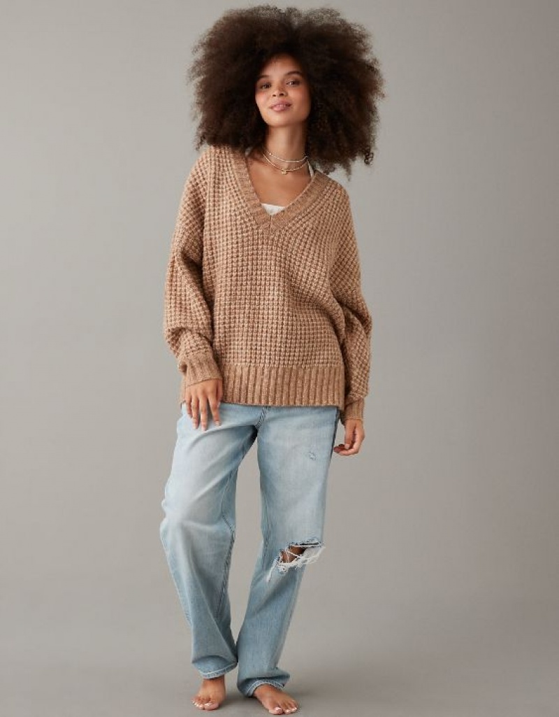 Aerie Whoa So Cozy Waffle V-Neck Sweater Brown | 5384NLZVB