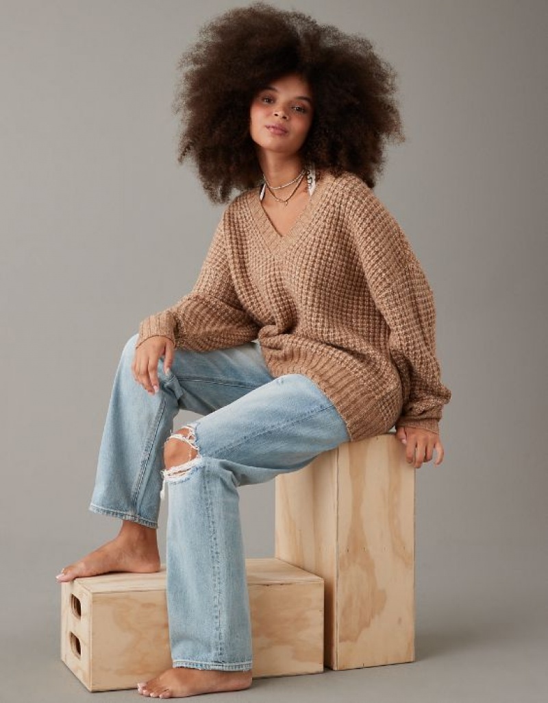 Aerie Whoa So Cozy Waffle V-Neck Sweater Brown | 5384NLZVB