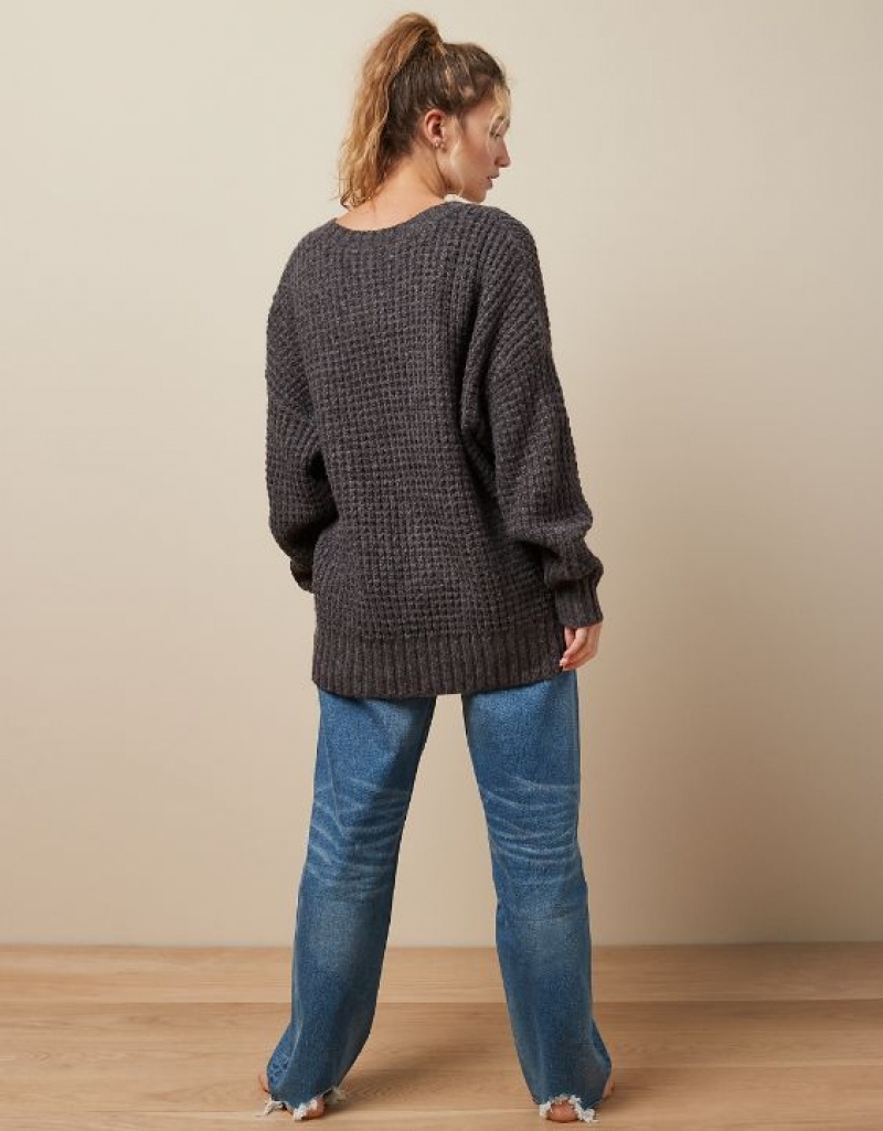 Aerie Whoa So Cozy Waffle V-Neck Sweater Grey | 7986IKLZA