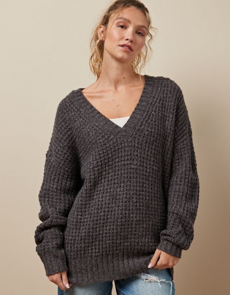 Aerie Whoa So Cozy Waffle V-Neck Sweater Grey | 7986IKLZA