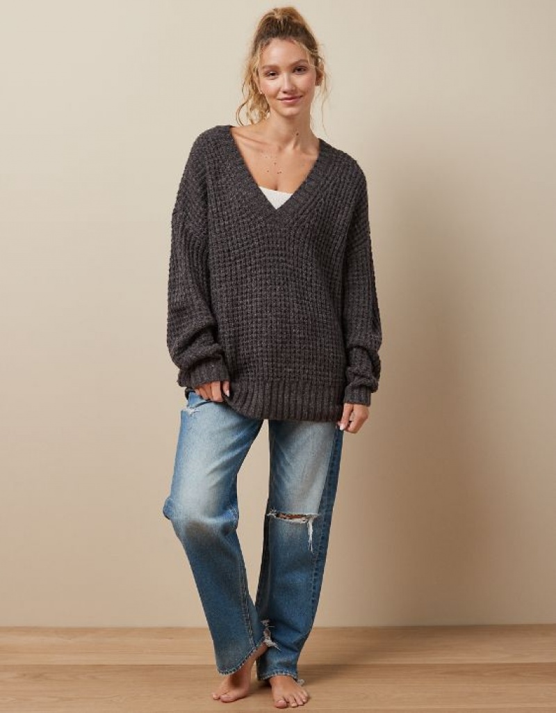 Aerie Whoa So Cozy Waffle V-Neck Sweater Grey | 7986IKLZA