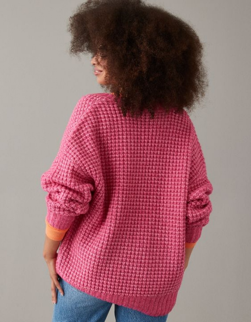 Aerie Whoa So Cozy Waffle V-Neck Sweater Pink | 1947XCUGF