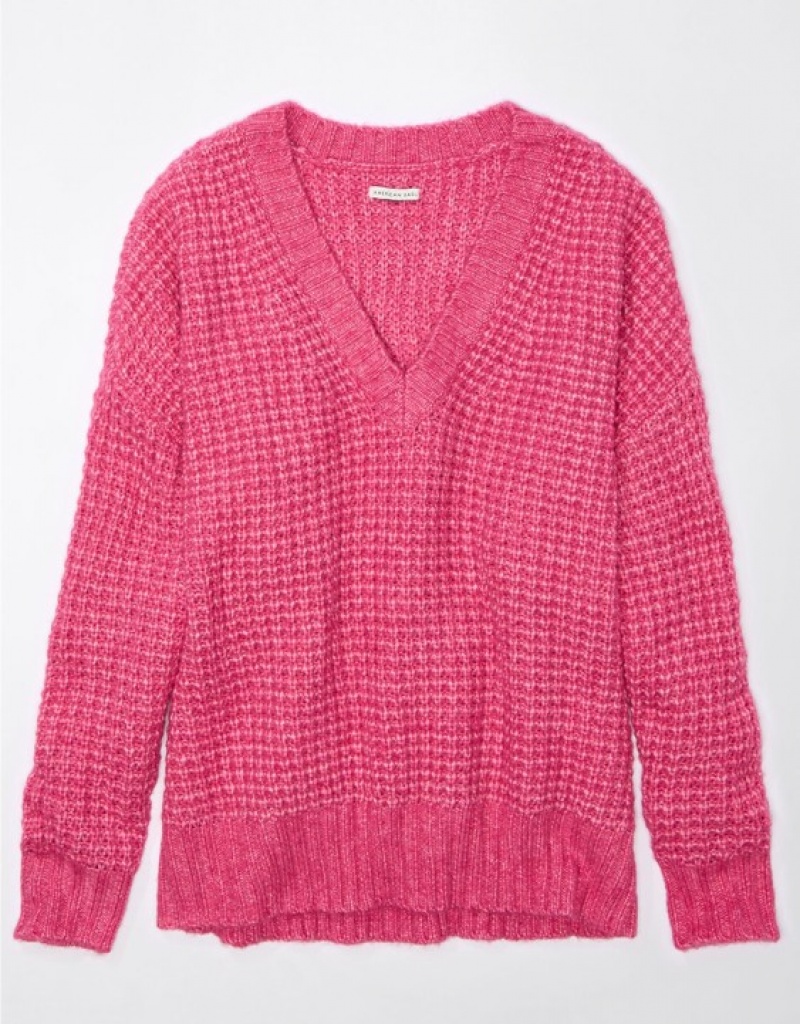 Aerie Whoa So Cozy Waffle V-Neck Sweater Pink | 1947XCUGF