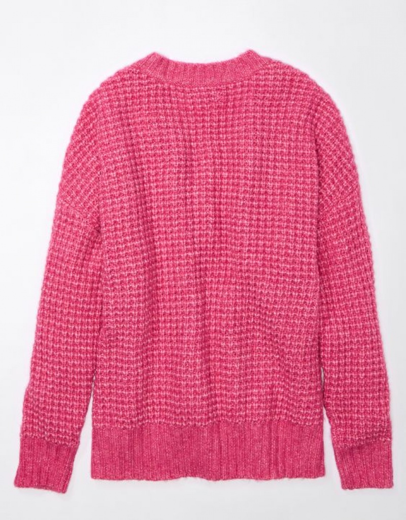 Aerie Whoa So Cozy Waffle V-Neck Sweater Pink | 1947XCUGF