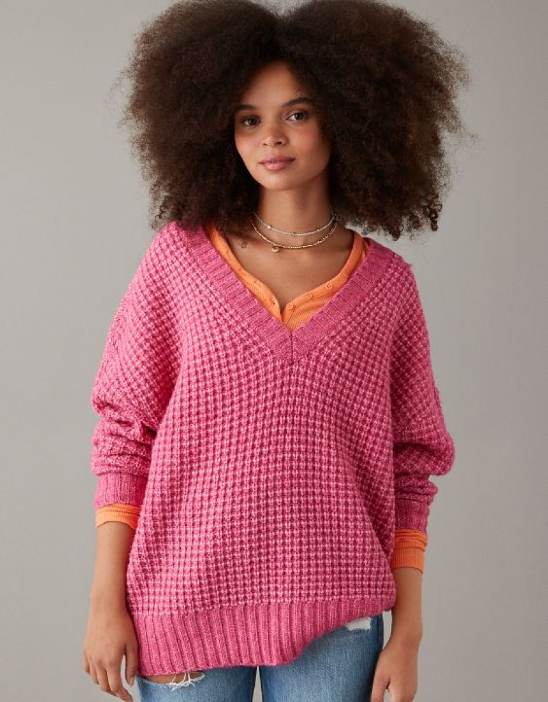 Aerie Whoa So Cozy Waffle V-Neck Sweater Pink | 1947XCUGF