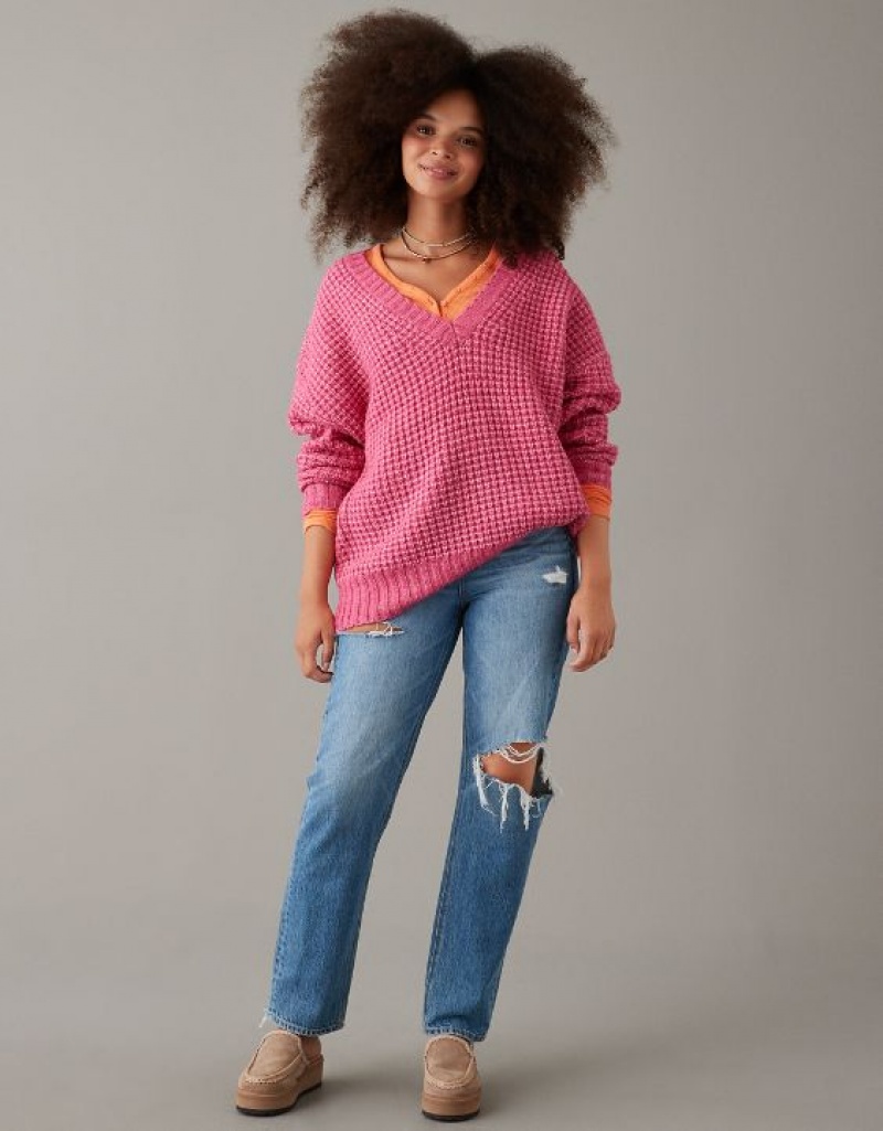 Aerie Whoa So Cozy Waffle V-Neck Sweater Pink | 1947XCUGF