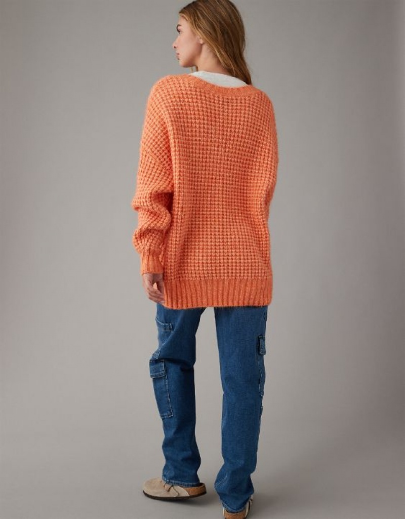 Aerie Whoa So Cozy Waffle V-Neck Sweater Orange | 9408SDQWV