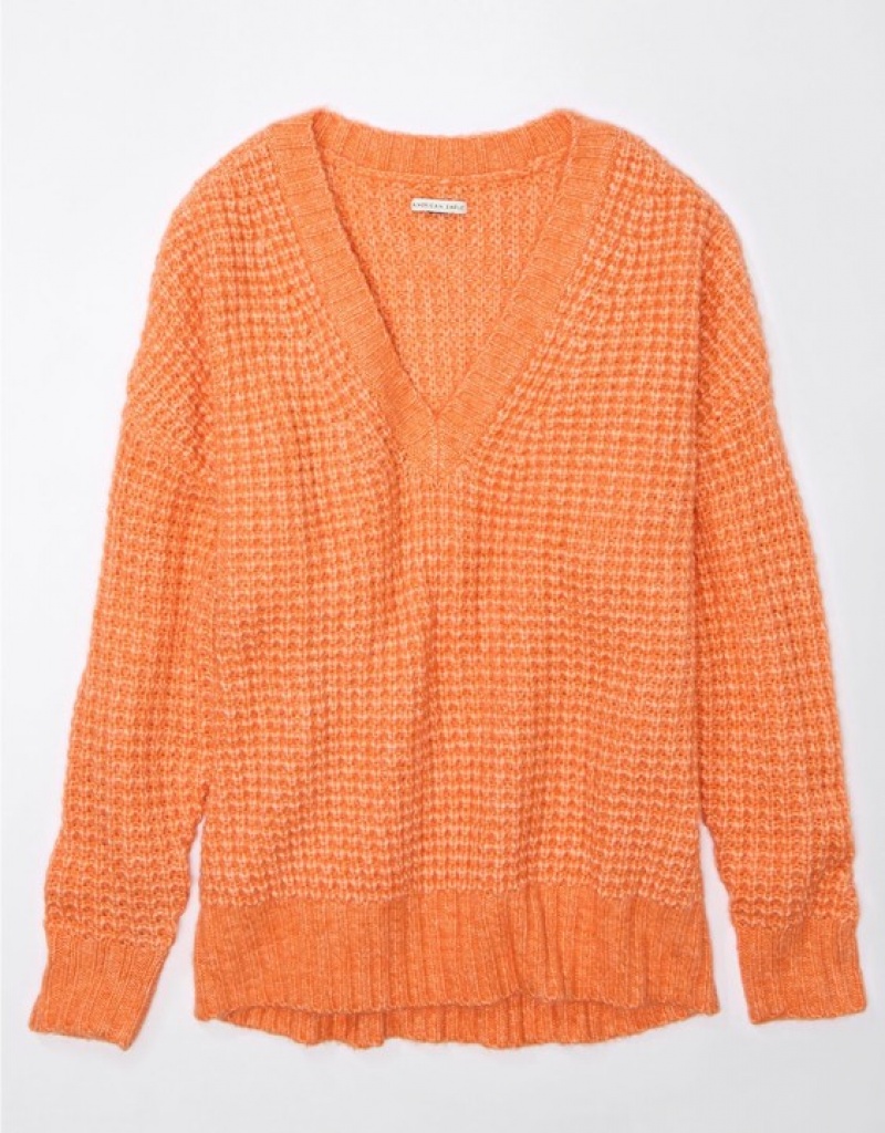 Aerie Whoa So Cozy Waffle V-Neck Sweater Orange | 9408SDQWV