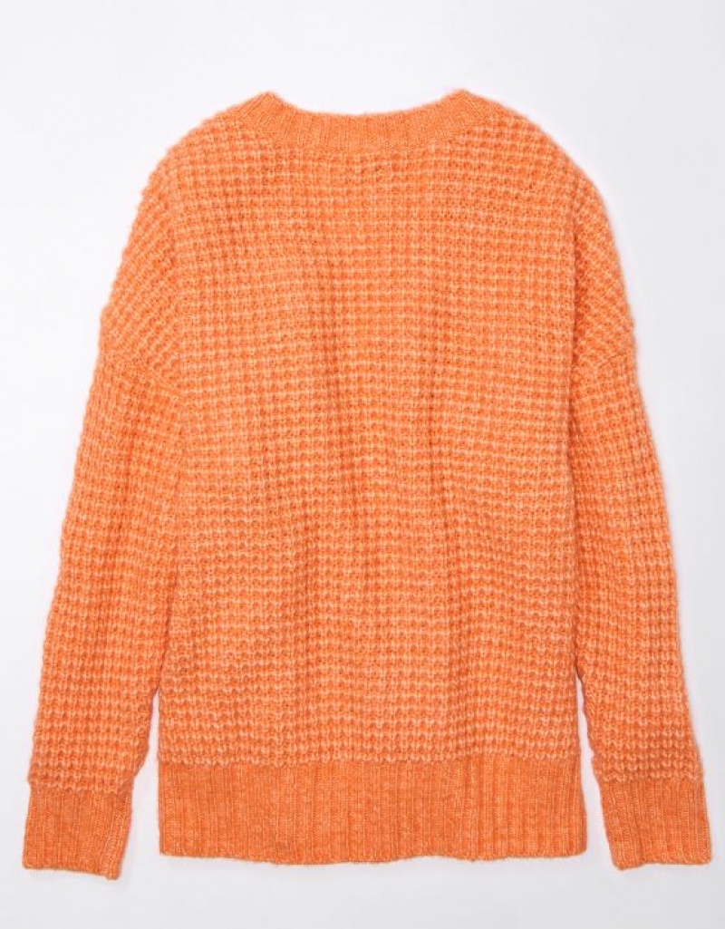 Aerie Whoa So Cozy Waffle V-Neck Sweater Orange | 9408SDQWV