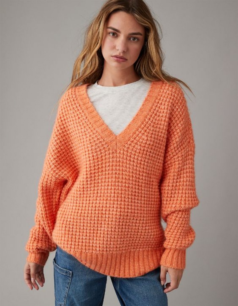 Aerie Whoa So Cozy Waffle V-Neck Sweater Orange | 9408SDQWV