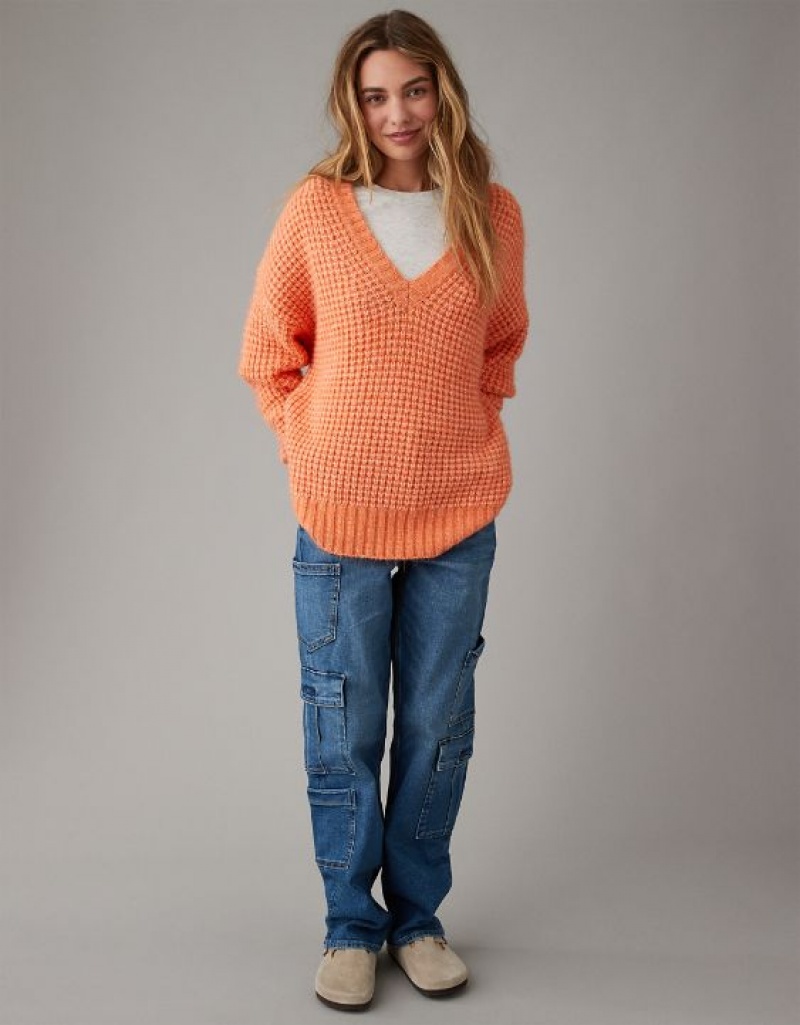 Aerie Whoa So Cozy Waffle V-Neck Sweater Orange | 9408SDQWV