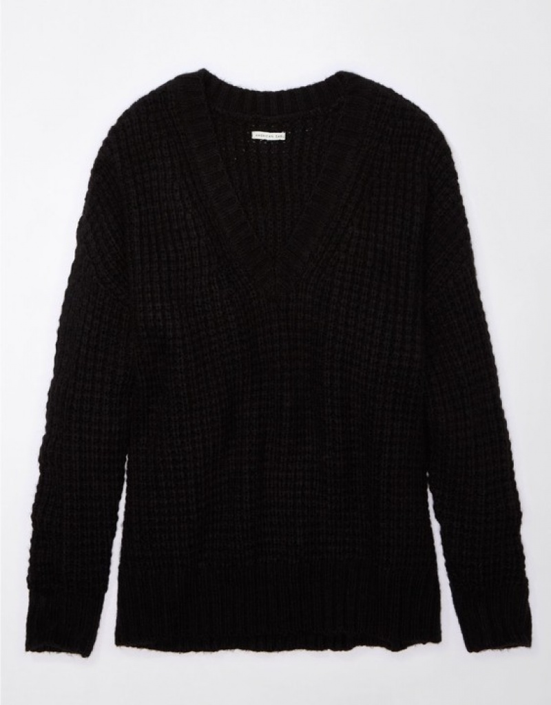 Aerie Whoa So Cozy Waffle V-Neck Sweater Black | 9014PSHCL