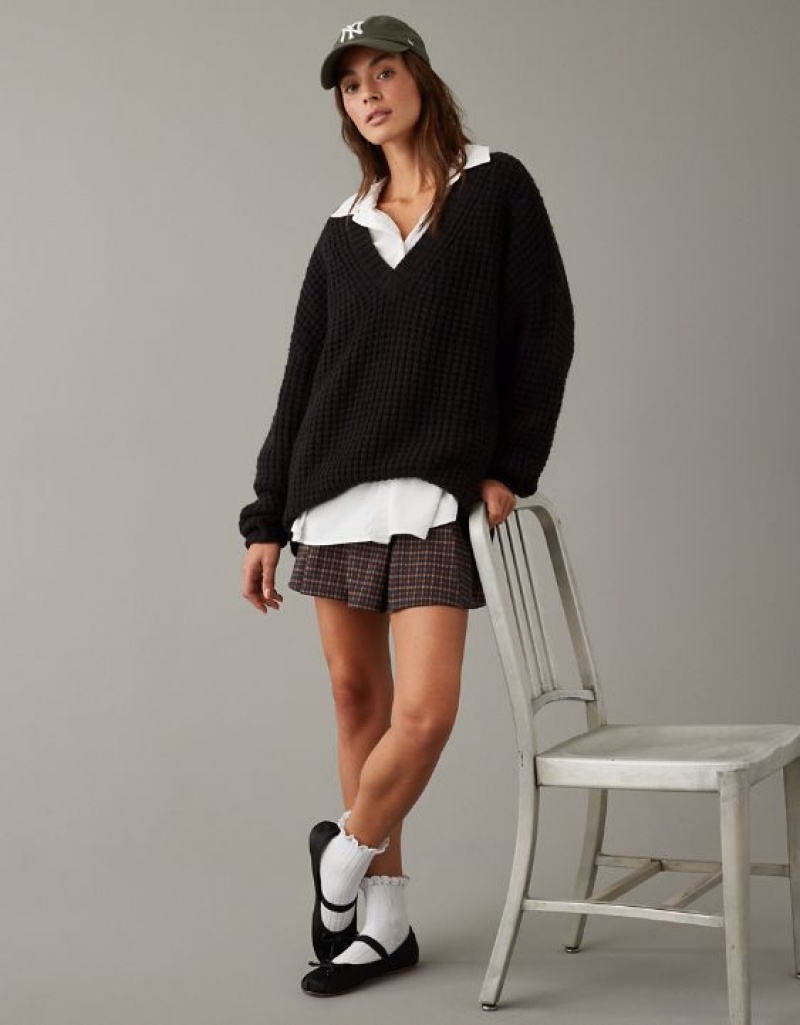 Aerie Whoa So Cozy Waffle V-Neck Sweater Black | 9014PSHCL