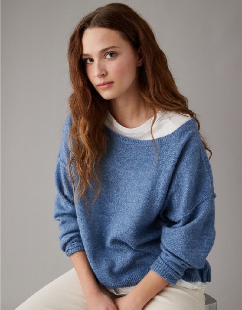 Aerie Whoa So Soft Ballet-Neck Sweater Blue | 5628LISZG