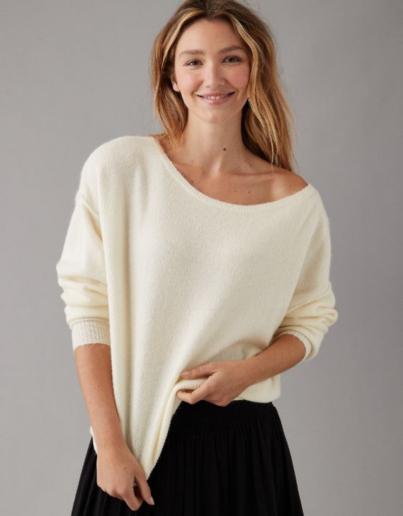 Aerie Whoa So Soft Ballet-Neck Sweater Cream | 4912WTLUM