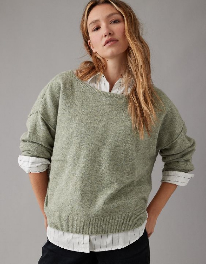 Aerie Whoa So Soft Ballet-Neck Sweater Olive | 5396WYOVL