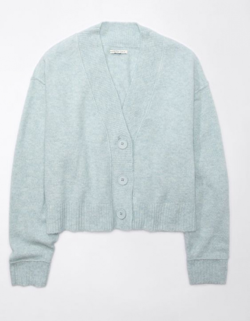 Aerie Whoa So Soft Cropped Button-Front Cardigan Light Blue | 9258TEROU