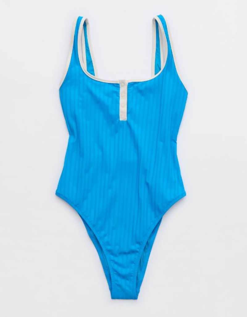 Aerie Wide Rib Henley One Piece Swimsuits Blue | 7056OJWXV