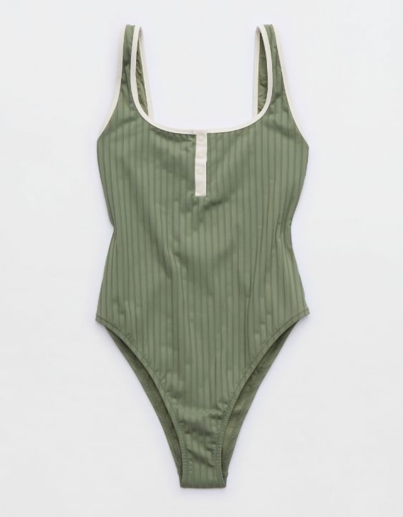 Aerie Wide Rib Henley One Piece Swimsuits Olive | 6805XFKOA