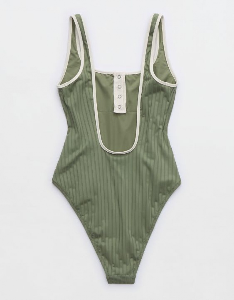 Aerie Wide Rib Henley One Piece Swimsuits Olive | 6805XFKOA