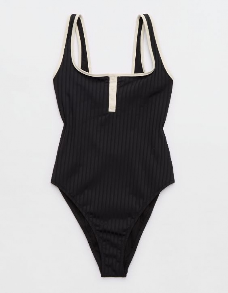 Aerie Wide Rib Henley One Piece Swimsuits Black | 1365MBPTC