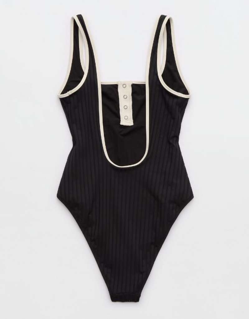 Aerie Wide Rib Henley One Piece Swimsuits Black | 1365MBPTC