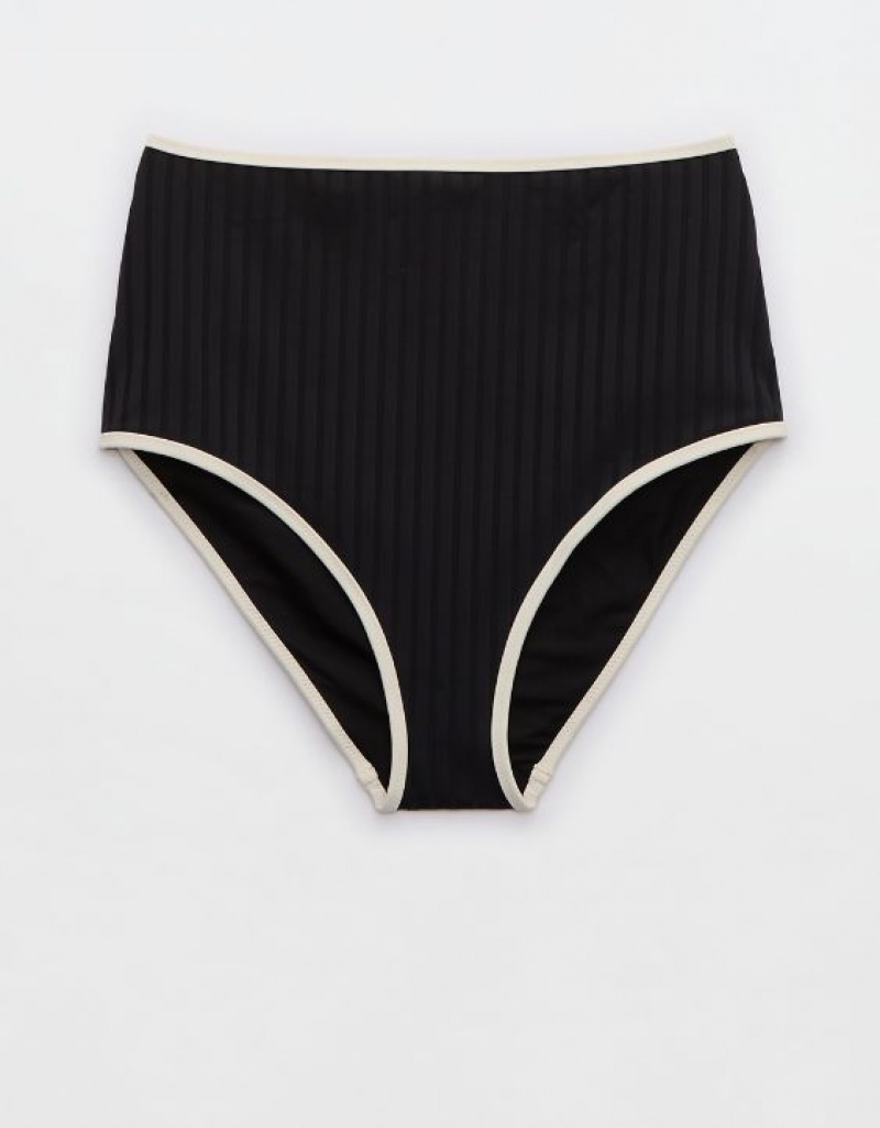 Aerie Wide Rib High Waisted Bikini Bottom Black | 4862CQWAI