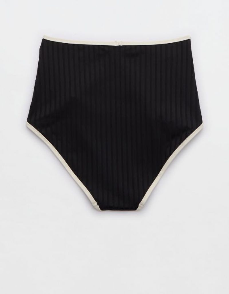 Aerie Wide Rib High Waisted Bikini Bottom Black | 4862CQWAI