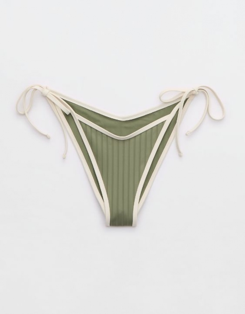 Aerie Wide Rib Low Rise Tie Cheekiest Bikini Bottom Olive | 0384QAKVN