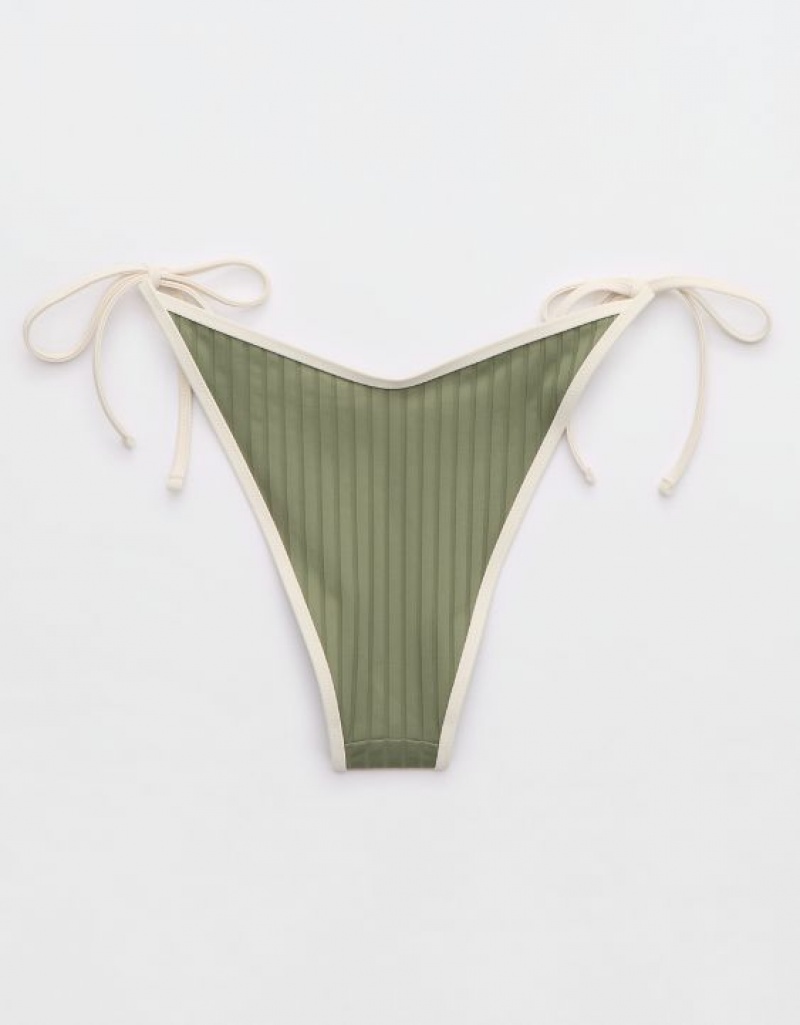 Aerie Wide Rib Low Rise Tie Cheekiest Bikini Bottom Olive | 0384QAKVN