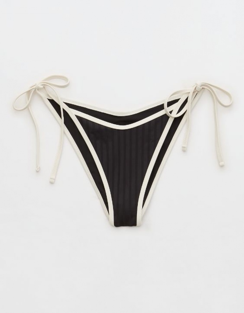 Aerie Wide Rib Low Rise Tie Cheekiest Bikini Bottom Black | 0596LMKTX