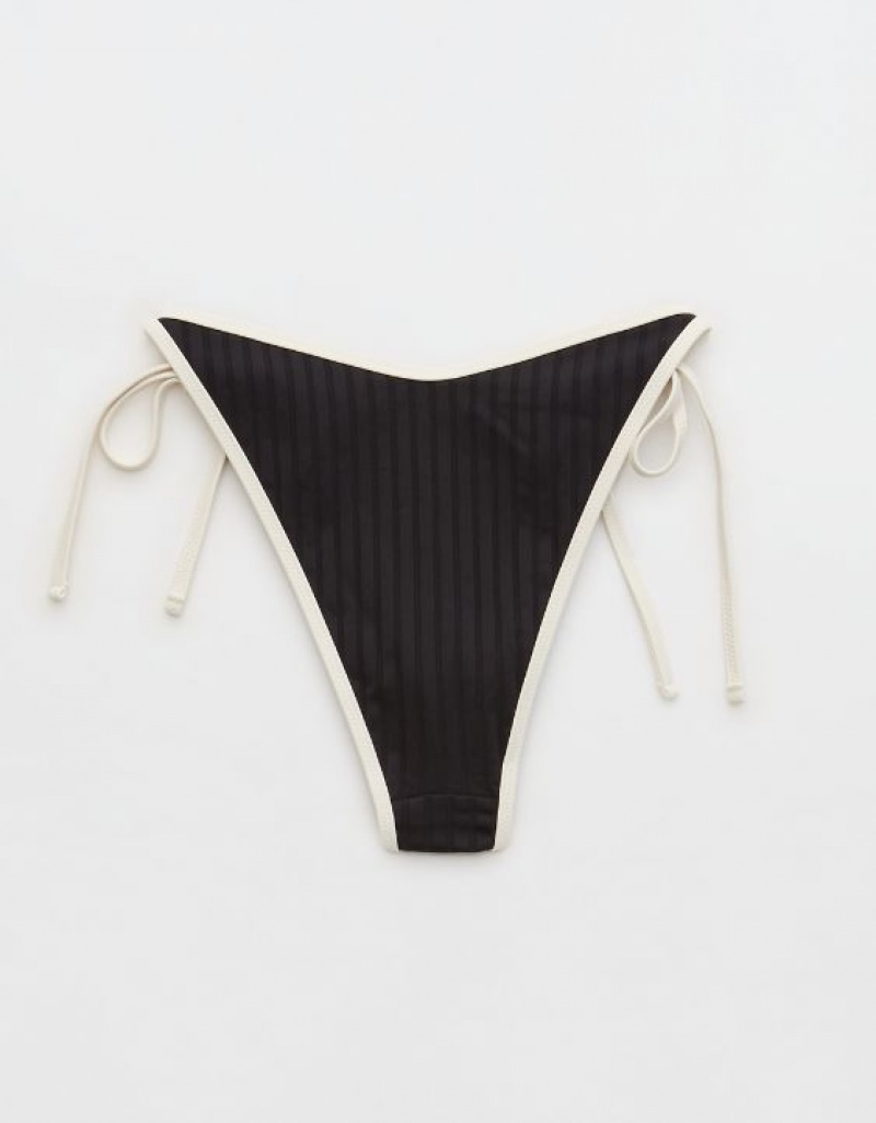 Aerie Wide Rib Low Rise Tie Cheekiest Bikini Bottom Black | 0596LMKTX