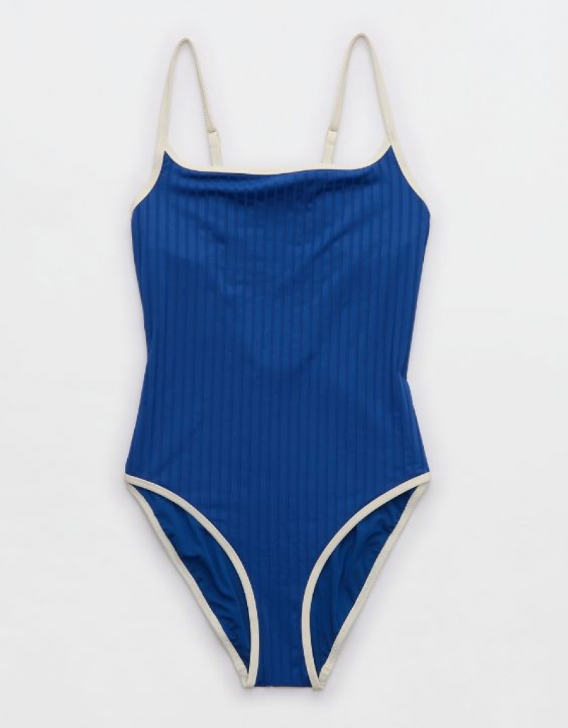 Aerie Wide Rib Scoop One Piece Swimsuits Blue | 1807ZNCEA