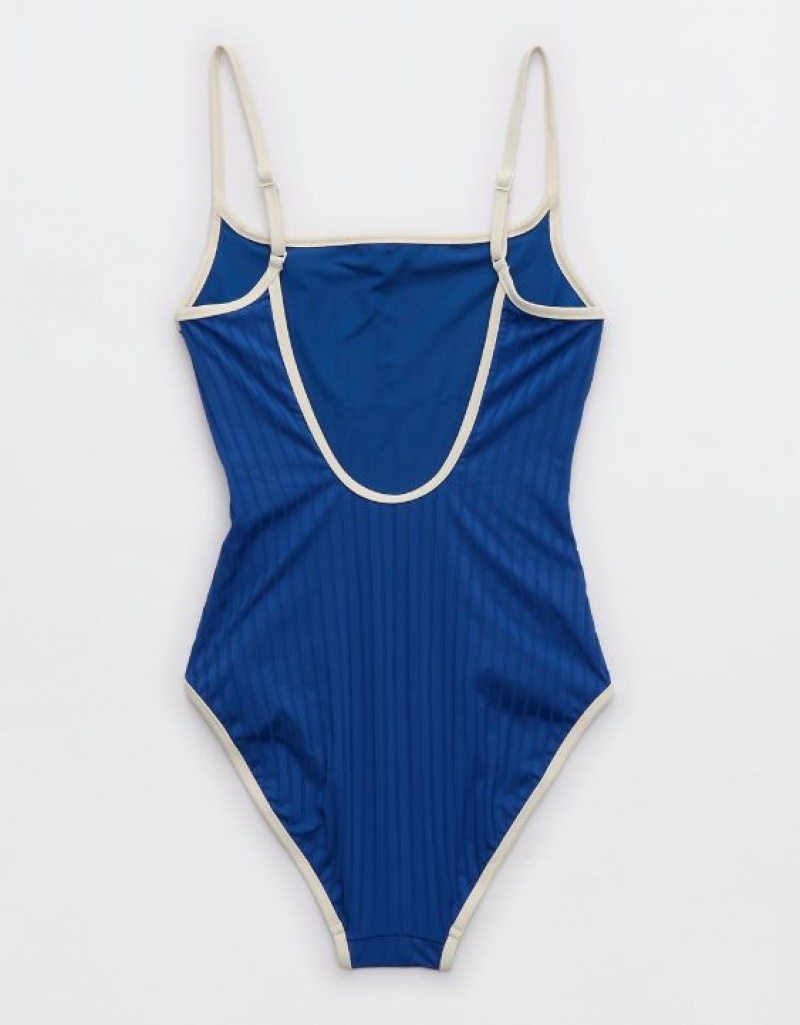 Aerie Wide Rib Scoop One Piece Swimsuits Blue | 1807ZNCEA