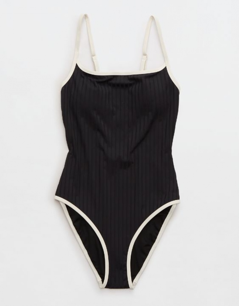 Aerie Wide Rib Scoop One Piece Swimsuits Black | 7265ZJQWF