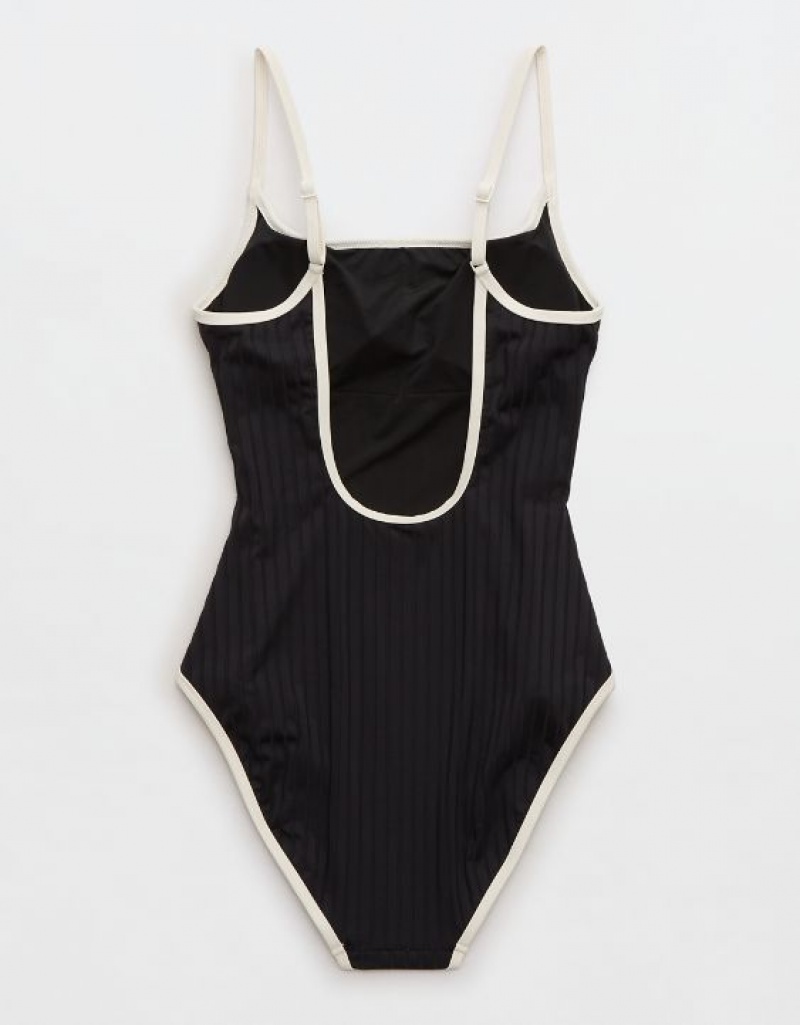 Aerie Wide Rib Scoop One Piece Swimsuits Black | 7265ZJQWF