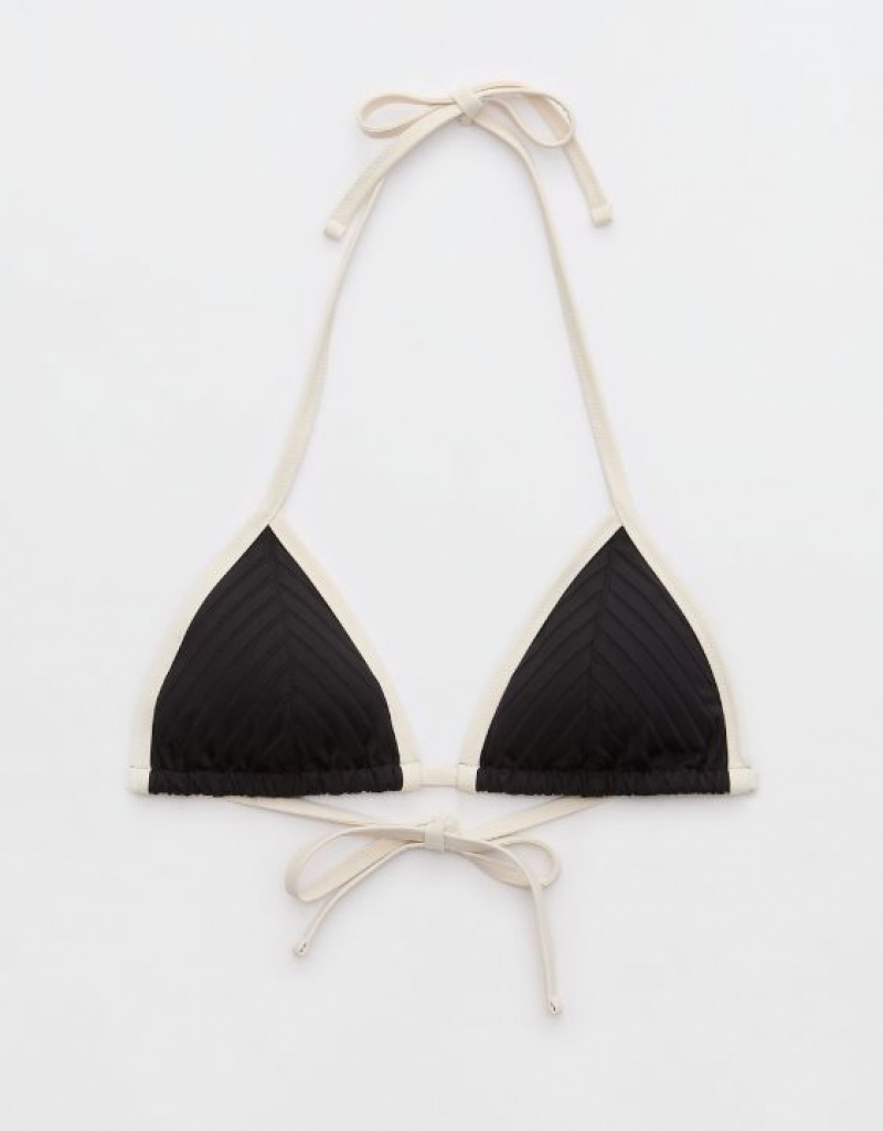 Aerie Wide Rib String Triangle Bikini Top Black | 5741UAWLK