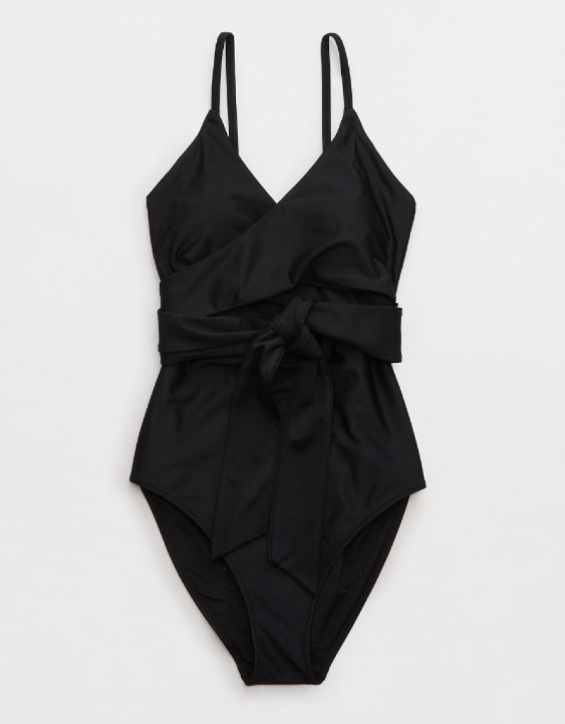 Aerie Wrap One Piece Swimsuits Black | 5689OEVBU