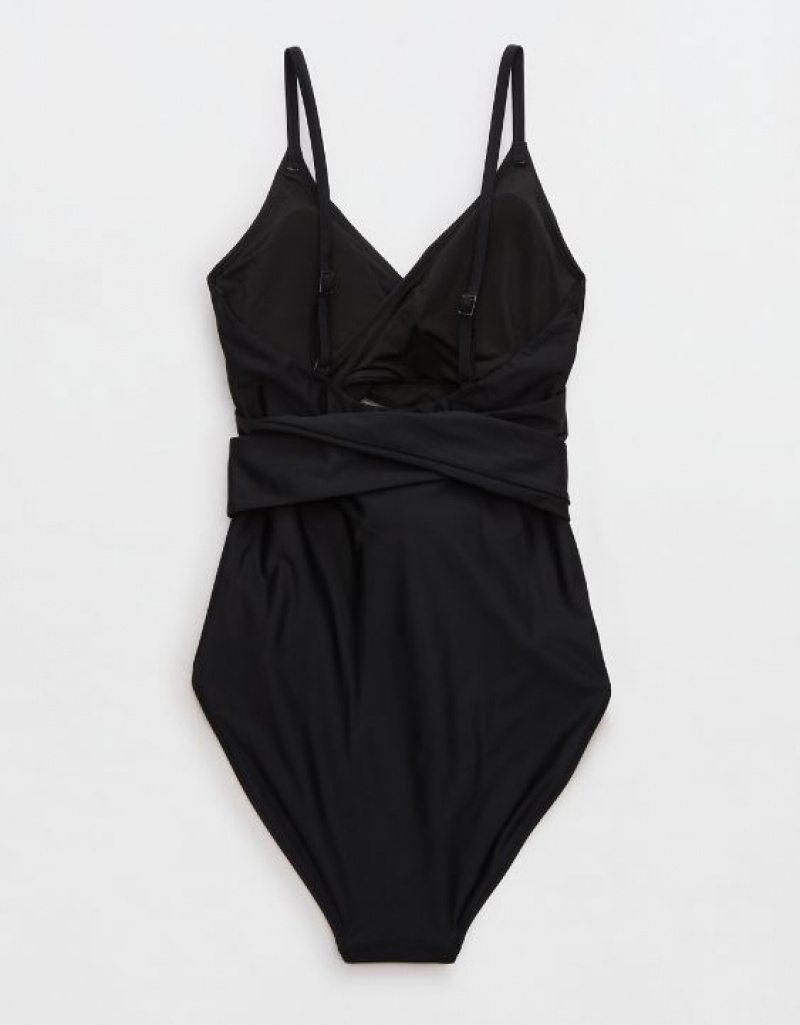 Aerie Wrap One Piece Swimsuits Black | 5689OEVBU